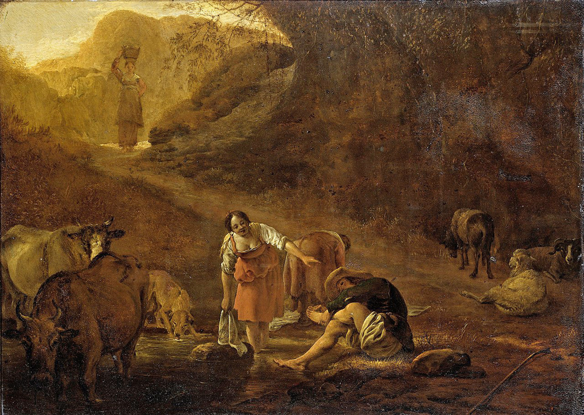 a shepherd and washing women at a well